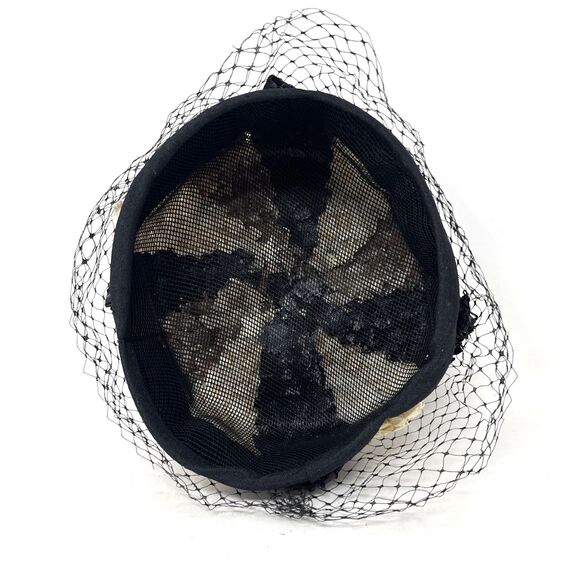VTG 1950s Pillbox Hat Net Veil Womens Black Cream Taupe Woven Raffia Rockabilly - Picture 7 of 10